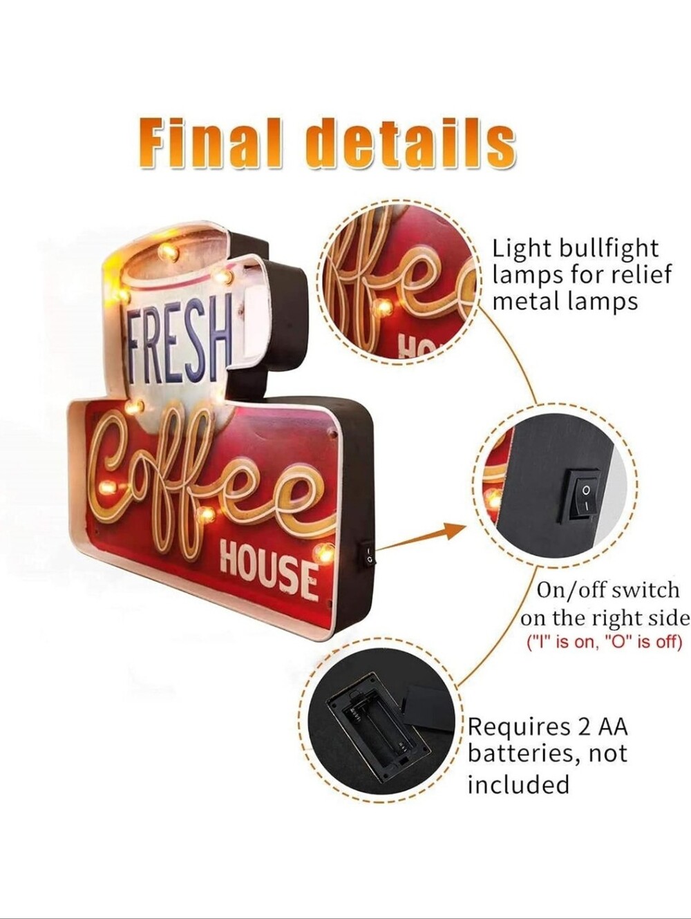 CozyCafe Coffee Shop Embossed Metal Sign with LED Lights, Vintage Decor for Cafe - Picture 3 of 9